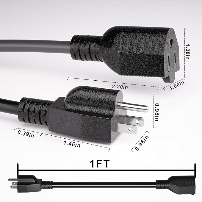 12 Pack Short Extension Cord 1 Foot Black, 16/3 Gauge Indoor Power Extension - Image 2