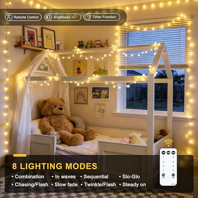 JMEXSUSS 100 LED Connectable Globe String Lights Indoor Bedroom, 33ft Warm - Image 5