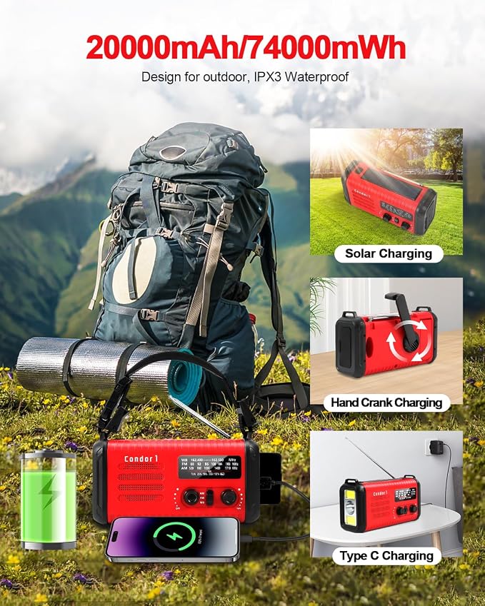 Emergency Crank Radio, 20000mAh / 74000mWh Solar Hand Crank Weather Radio - Image 6