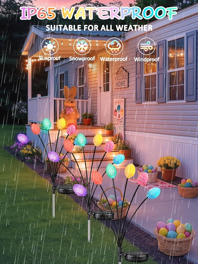 Upgraded 4 Pack Solar Easter Egg Lights Outdoor, Colorful Swaying Firefly Lights - Image 2