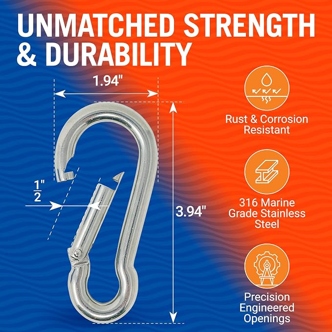 Stainless Steel Carabiner Clip, 4 Pack, 316 Marine Grade, Heavy Duty Spring - Image 3