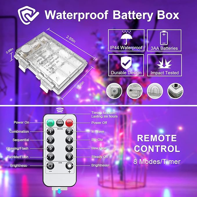 JMEXSUSS 33ft 100 LED Purple Christmas Lights, Battery Operated Christmas Lights - Image 7