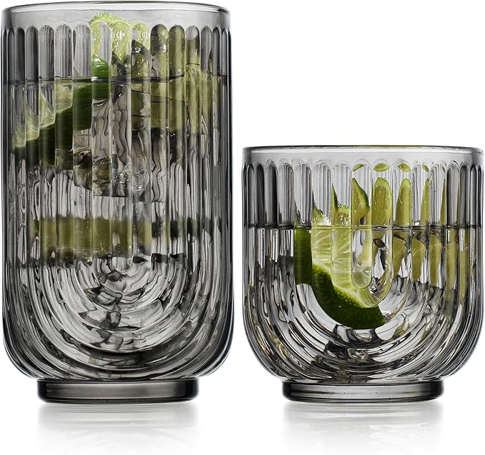 16 Piece Smoke Glassware Set, Art Deco Black Drinking Glasses, Ribbed U-Shape by Glavers