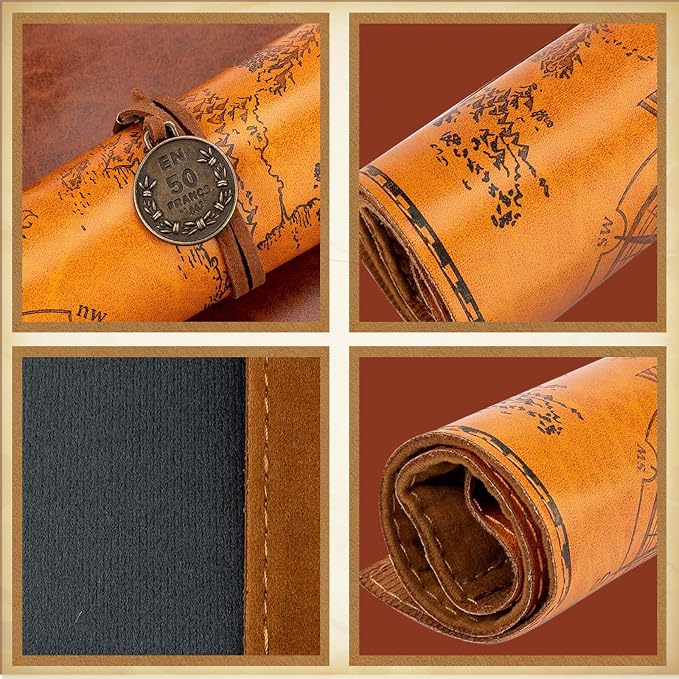 4 Pieces Leather Pencil Case, Creative Map Rollup Pencil Bag, Vintage Makeup - Image 6