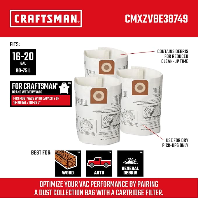 CRAFTSMAN CMXZVBE38749 Genuine General Purpose Wet Dry Vac Dust Collection Bags - Image 2