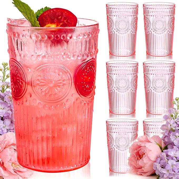 Ciaell 12 Pack Romantic Plastic Water Glasses - 14 Oz Pink Vintage Drinking by Ciaell