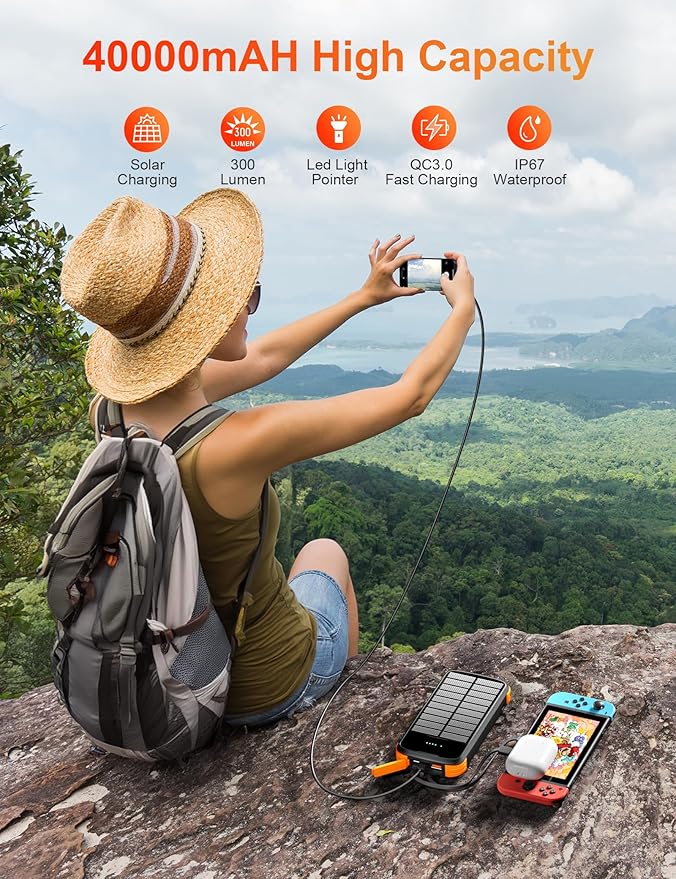 MINRISE Solar Power Bank 40000mAh, Portable Charger PD 20W Fast Charging Solar - Image 5