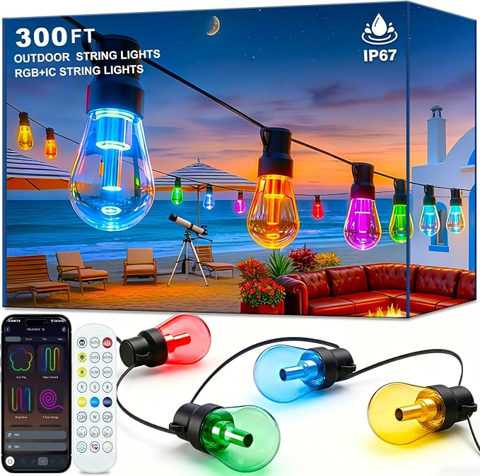300FT RGB+IC Outdoor String Lights, Dimmable Shatterproof LED Bulbs, IP67 by Beizelte