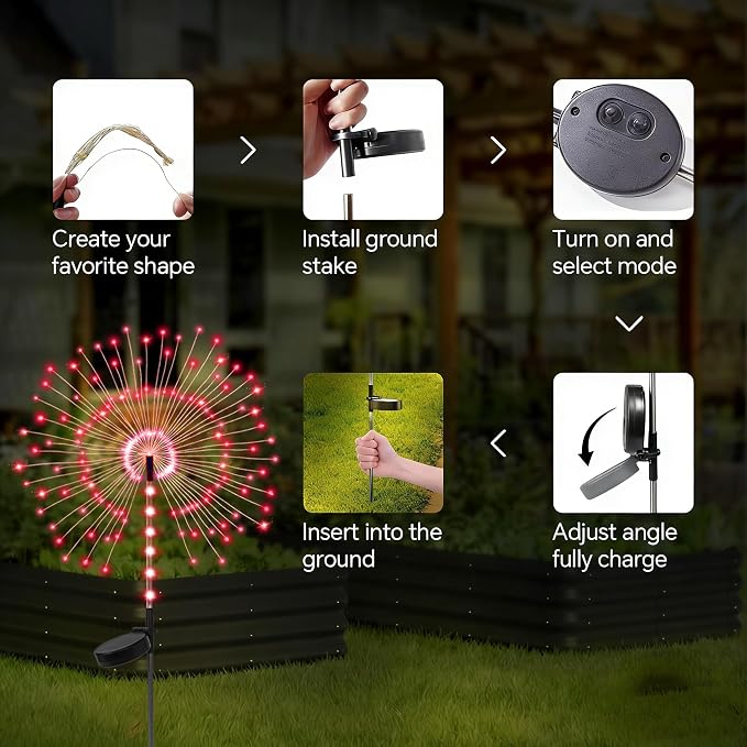 2 Pack 250LED Solar Garden Lights Outdoor, Dual Lighting Modes Firework Lights - Image 4