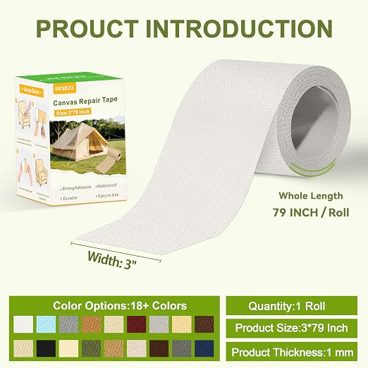 Besezx Canvas Repair Tape, Outdoor Gear Patch, 3x79 Inches, Waterproof - Image 2