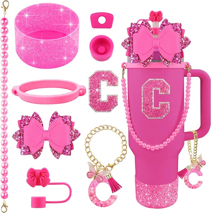 9PCS Hot Pink for Stanley Cup Accessories Set Bling Initials Bow Charms for by Unknown