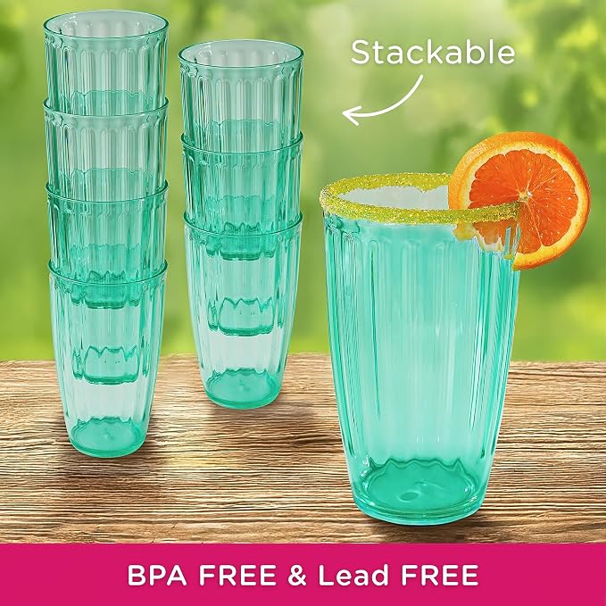 Kate Aspen Teal Fluted Plastic Drinking Glasses Set of 8, 21 oz, Acrylic - Image 4