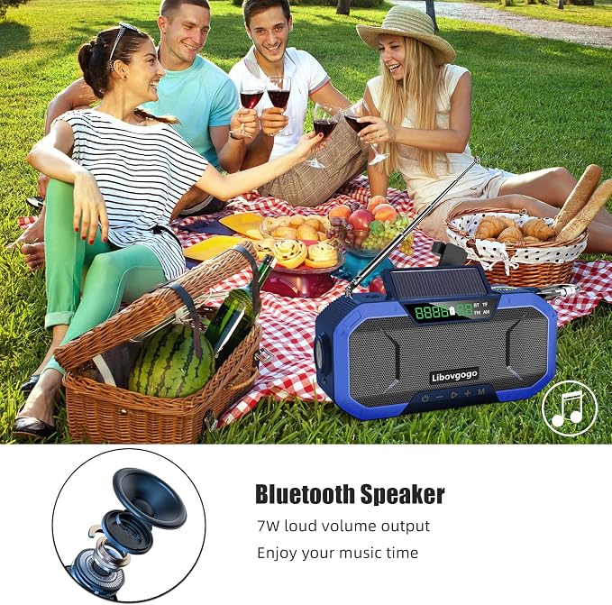 Bluetooth Hand Crank Emergency Solar Powered Radio, Waterproof Portable NOAA - Image 3