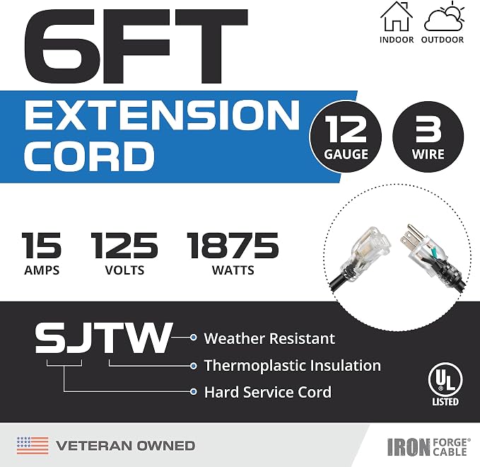 Iron Forge Cable 12 Gauge Outdoor Extension Cord 6 Ft, SJTW 12/3 Heavy Duty - Image 2