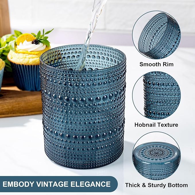 YOUBET 24PCS Plastic Hobnail Drinking Glasses - 14 Oz Blue Vintage Glasses - Image 6