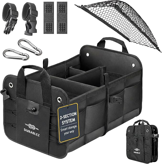 2-Section Trunk Organizer Foldable Car Storage Bin – Compact Dual-Compartment by DURABLEZ