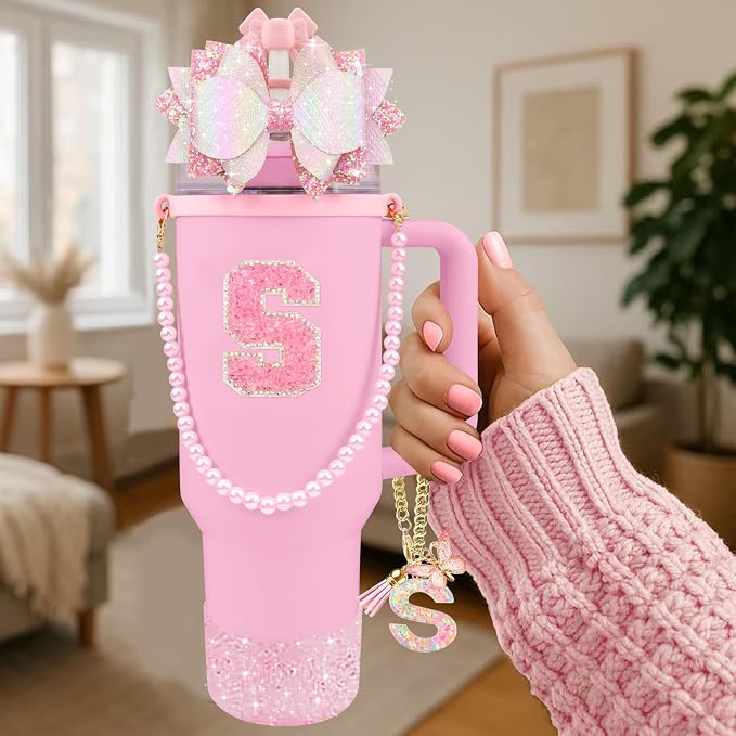 9PCS Pink for Stanley Cup Accessories Set 30/40 Oz Bling Initials Bow Charms - Image 2