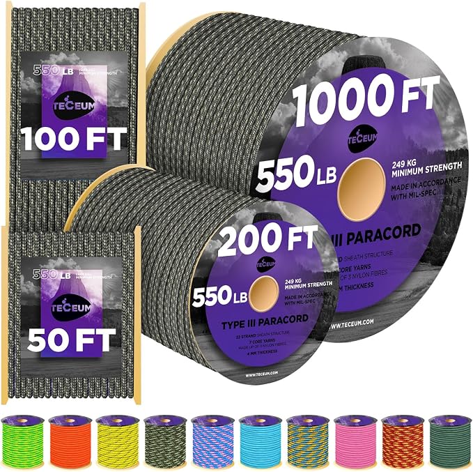 TECEUM Reflective Paracord Rope 1000 – 1000ft/200ft/100ft/50ft – 40+ Colors – by TECEUM