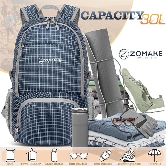 ZOMAKE Lightweight Packable Backpack 30L, Foldable Hiking Backpacks Water - Image 2