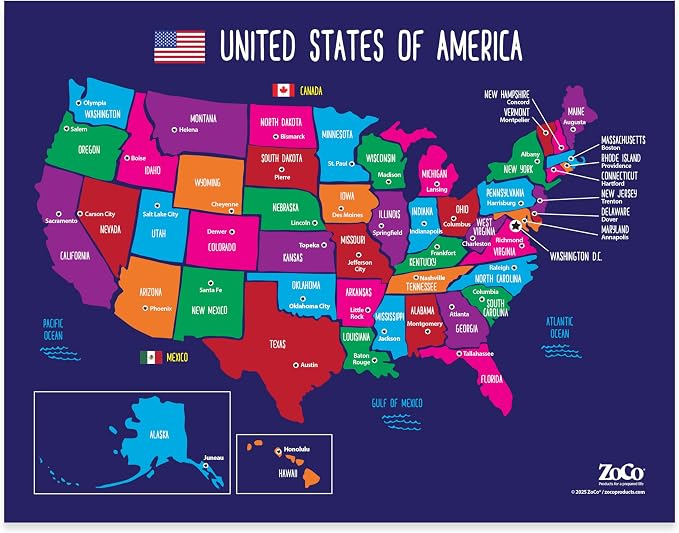 ZOCO – United States Map with Capitals Poster – Laminated 17x22 – Educational by ZOCO