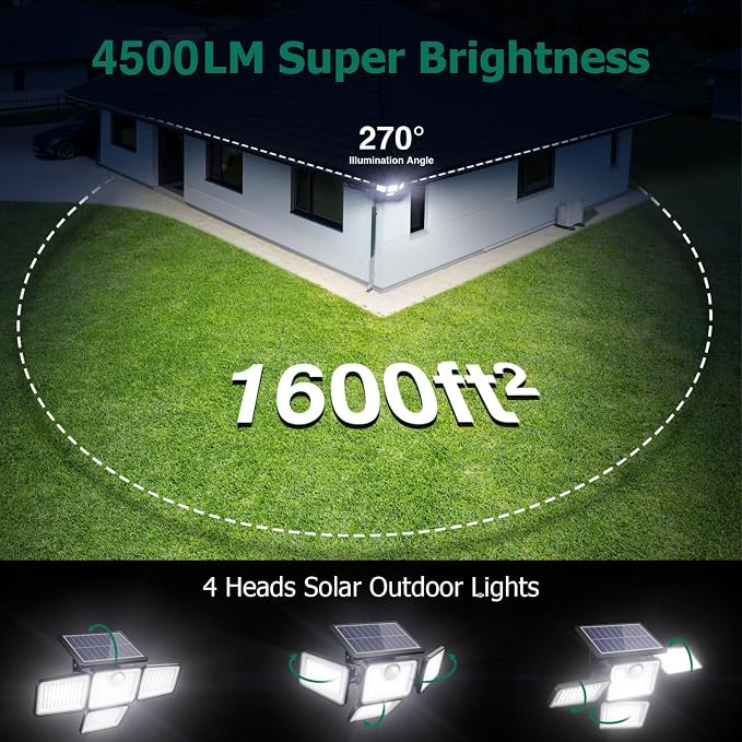 4500LM Solar Lights Outdoor, 4 Adjustable Heads Motion Sensor Lights, 3 Modes - Image 4