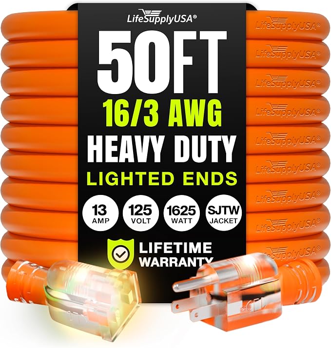 50ft Outdoor/Indoor Extension Cord 16/3 Gauge Heavy Duty 3 Prong SJTW, by LifeSupplyUSA