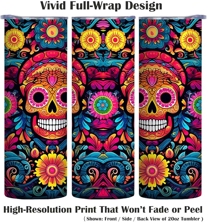 Firmiso 20 oz Tumbler｜Skinny Insulated Travel Mug｜Sugar Skull Floral Stainless - Image 2