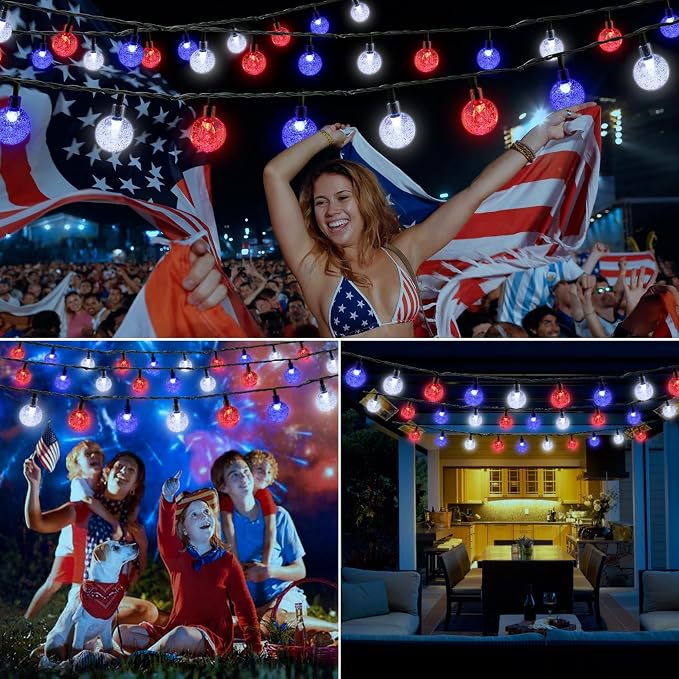 Joomer 4th of July Red White Blue Solar String Lights, 39FT 60LED Waterproof - Image 5