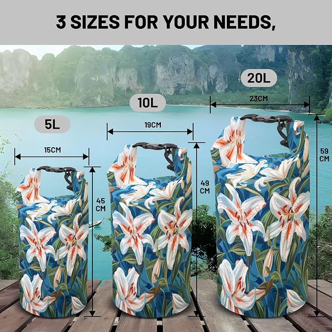 Waterproof Dry Bag, Roll Top Flowers Lily Waterproof Backpack 5L/10L/20L - Image 6