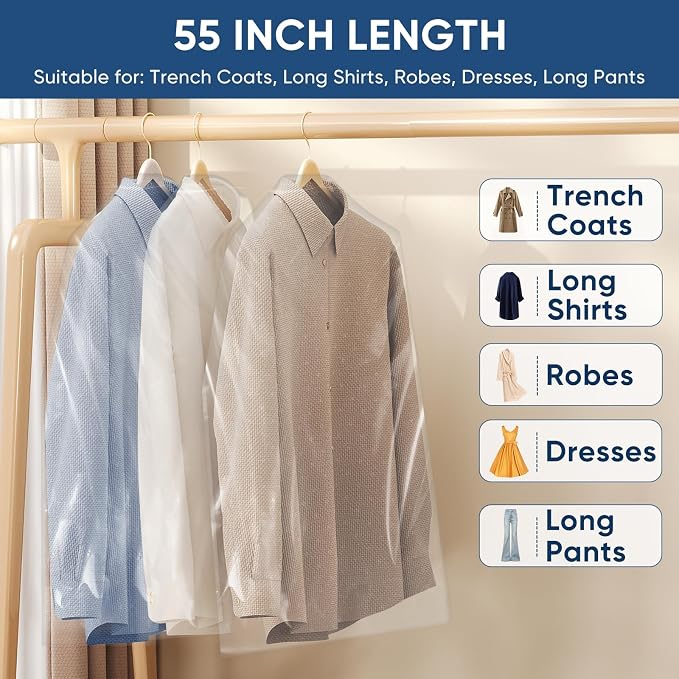 50 Pack 23.6"x55" Garment Bags for Hanging Clothes, Thick Clear Plastic Dry - Image 3