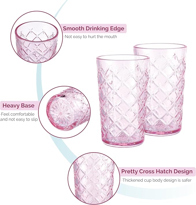 Drinking Highball Glasses Set of 4, Vintage Cross Hatch Glass Cups, 15.5oz Tall - Image 3
