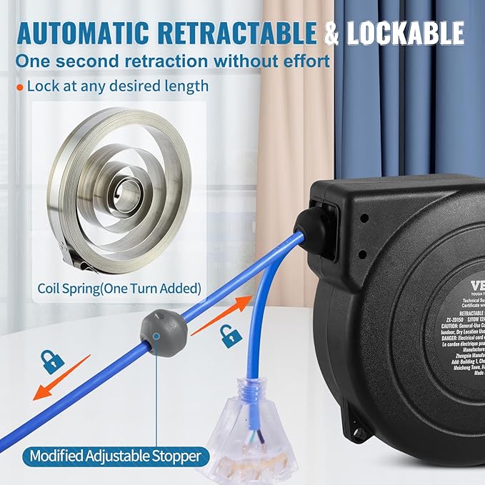 VEVOR Retractable Extension Cord Reel, 45 FT, Heavy Duty 12AWG/3C SJTOW - Image 5