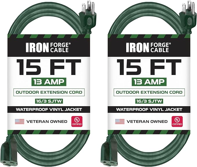 Pack of 2 Outdoor Extension Cords, 15 FT ea by IronForgeCable