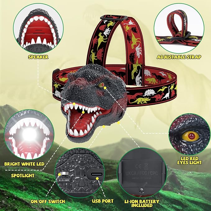 Nitigo Dinosaur Headlamp for Kids Flashlight Rechargeable Led Headlights Roar & - Image 2