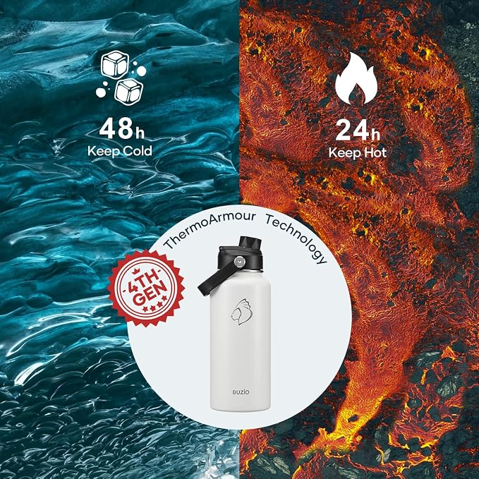BUZIO 32 oz Water Bottle Insulated, Leakproof Stainless Steel Flask, Wide Mouth - Image 2