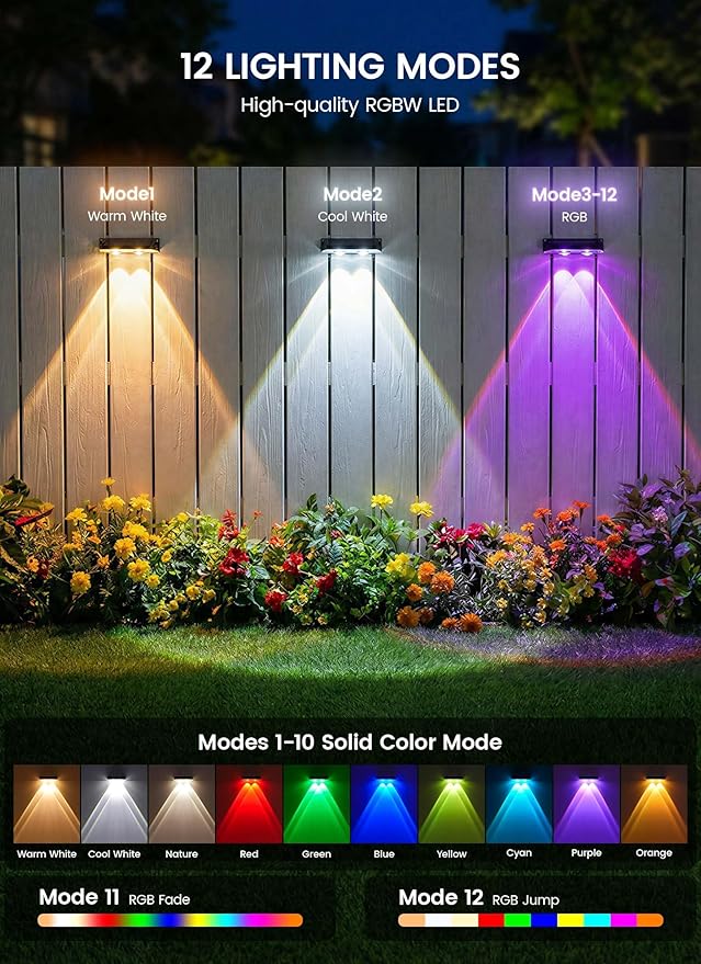Brightown 8 Pack Solar-Fence-Lights-Outdoor, IP65 Waterproof Warm White & RGB - Image 2