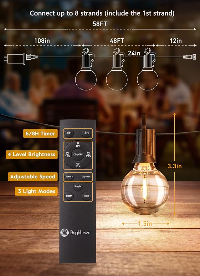 Brightown Outdoor String Lights, 58FT 25 Shatterproof LED Bulbs - Image 2