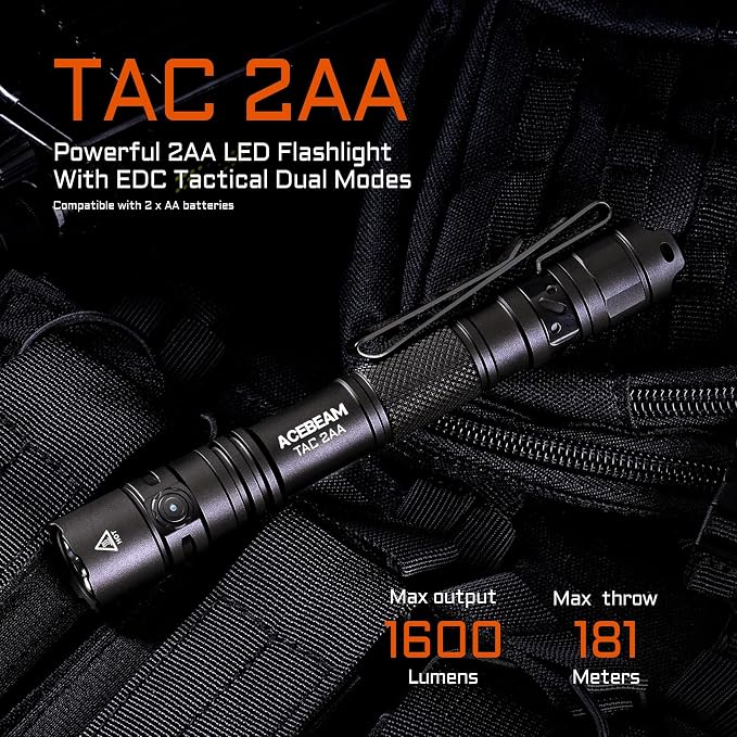 ACEBEAM TAC 2AA EDC Tactical Dual Modes Flashlight Rechargeable, 1600 High - Image 2