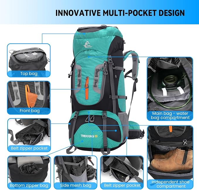Bseash 80L Waterproof Hiking Camping Backpack - Image 3