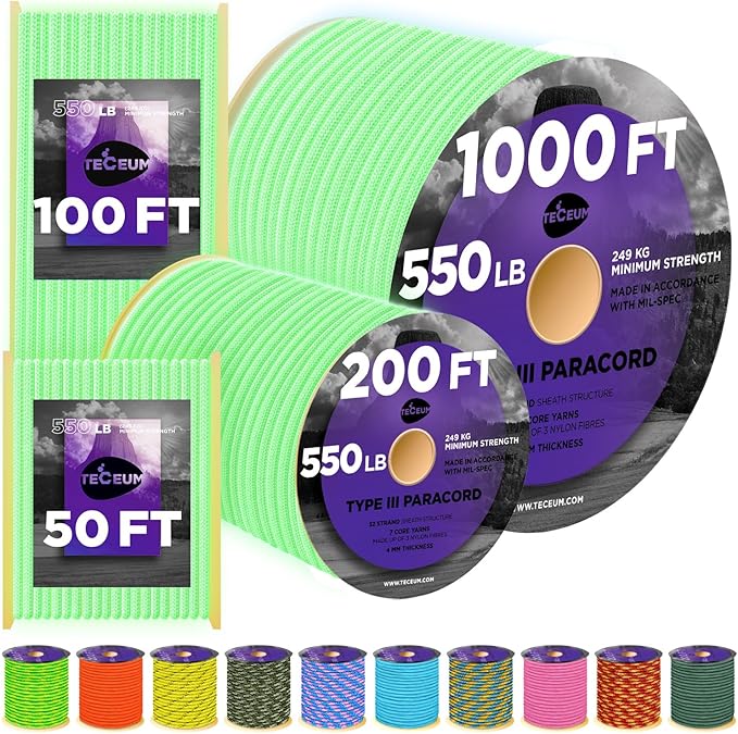 TECEUM Reflective Paracord Rope 1000 – 1000ft/200ft/100ft/50ft – 40+ Colors – by TECEUM