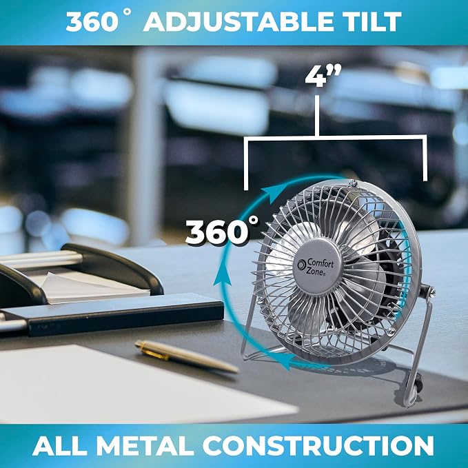 Comfort Zone 4-inch All-Metal Mini Desk Fan – High Velocity Portable USB Fan - Image 6