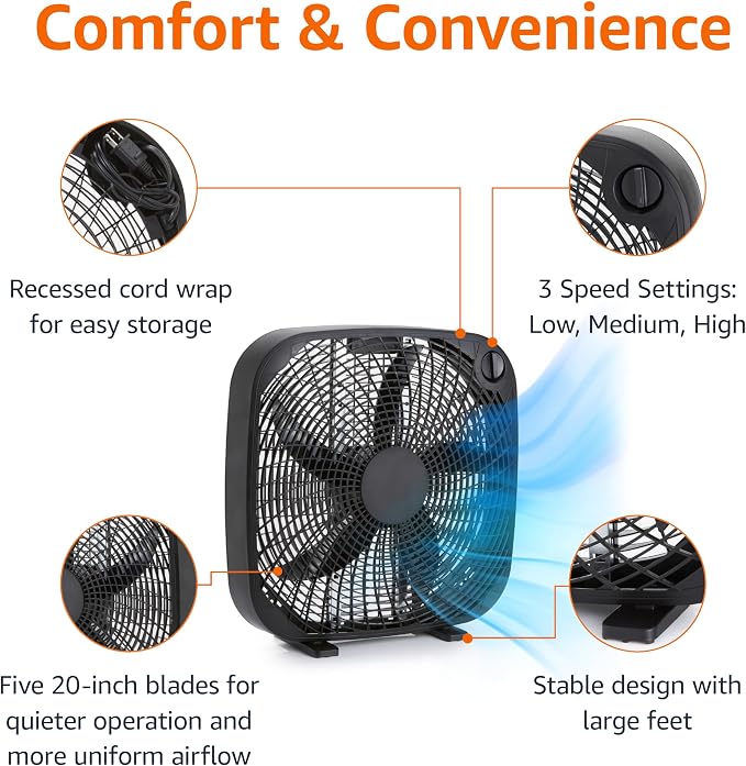 Amazon Basics 3-Speed Box Fan for Bedroom, Portable - Image 2