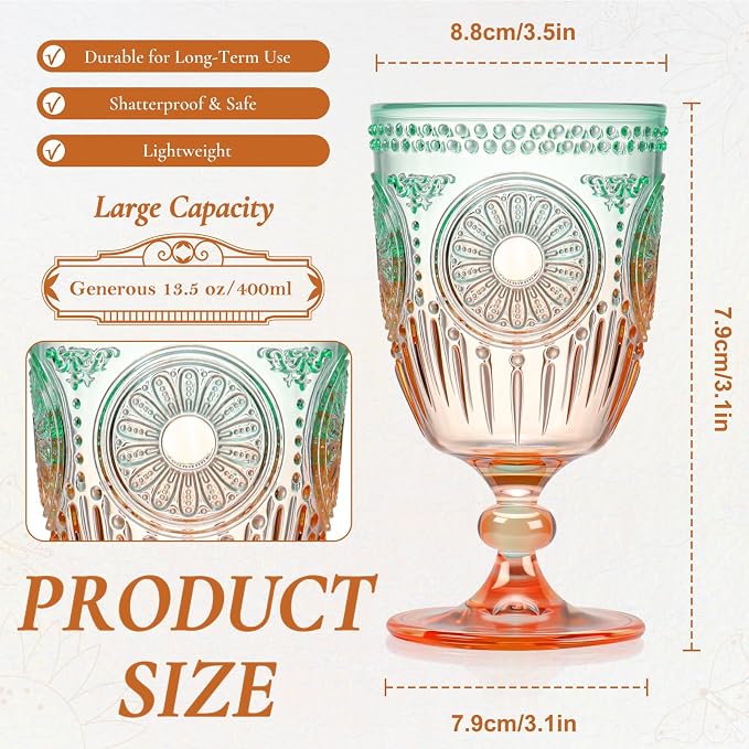 XUWAIDSGN 12Pcs Plastic Vintage Wine Glasses 13.5oz Reusable Embossed Goblet - Image 4