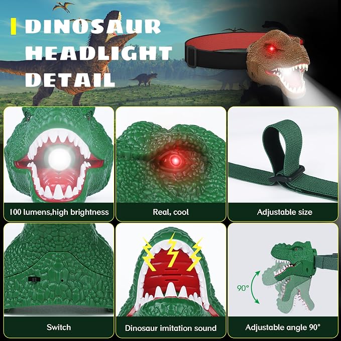 Dysaim Dinosaur Headlamp for Kids Flashlight Outdoor Camping Gear LED Reading - Image 7