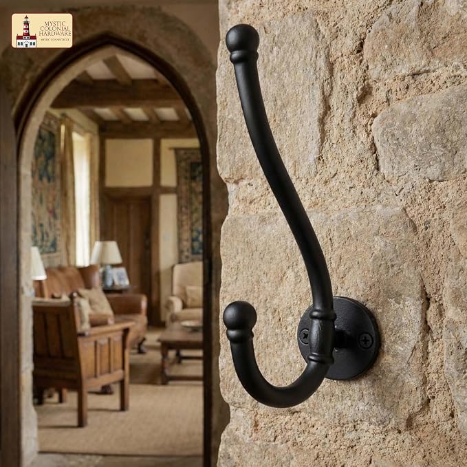 Mystic Colonial Rustic Cast Iron Wall Hooks, Heavy Duty Retro Utility Hanger - Image 3
