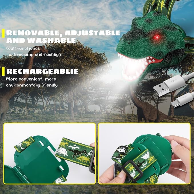 Dysaim Kids Headlamp, Rechargeable T-Rex Dinosaur Headlamp - Image 7
