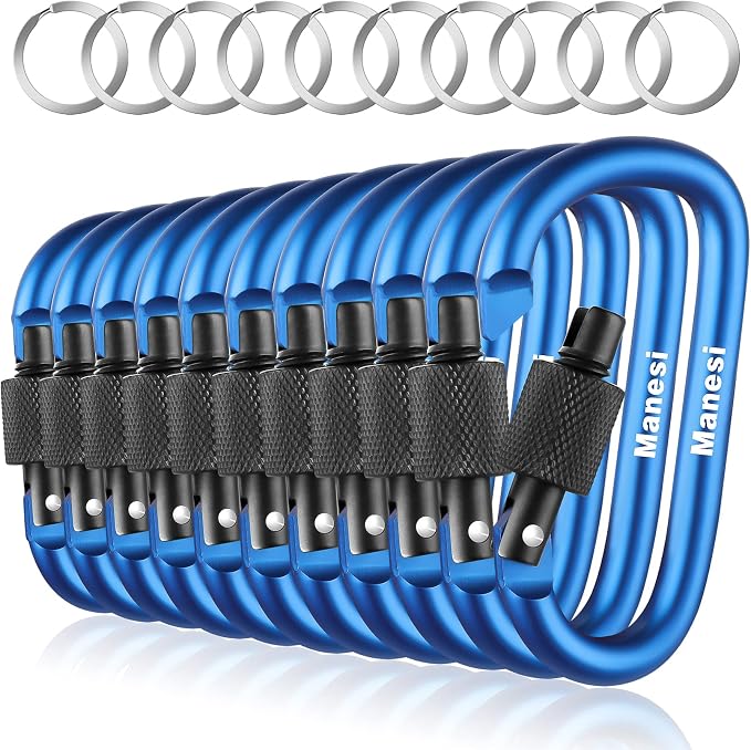10 Pack Aluminum D Ring Key Rings Clips Locking Carabiner by Manesi