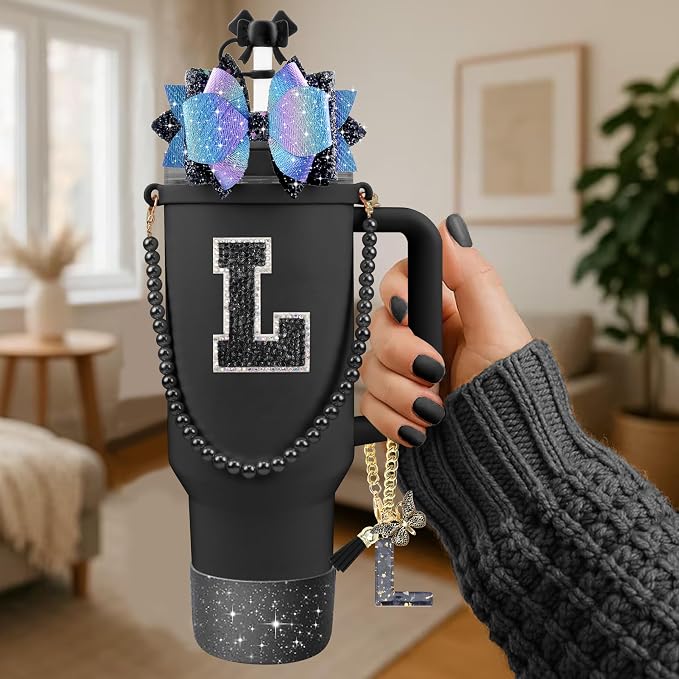 9PCS Black for Stanley Cup Accessories Set Bling Initials Bow Charms for - Image 2