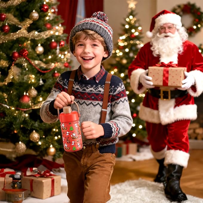 12 oz Christmas Kids Insulated Water Bottle: 2-in-1 Straw Spout Lid, Stainless - Image 3
