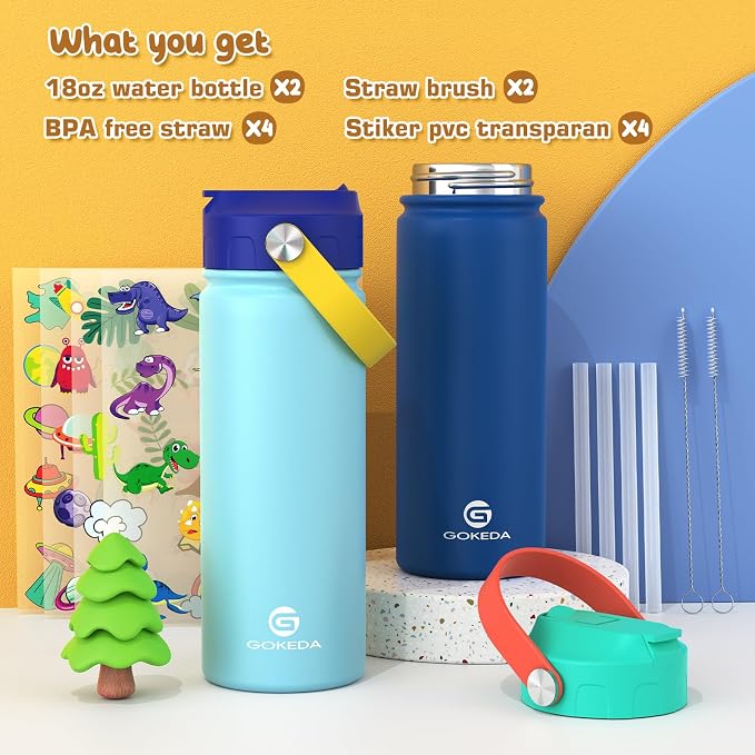 GoKEDA 18oz Kids Water Bottle, 2 Pack Insulated Bottles - Image 2